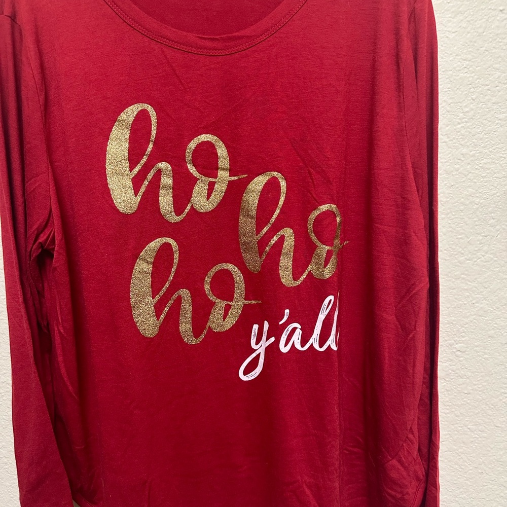 Festive Red Holiday Shirt with Gold Accents “HoHoHo Y’all” XL